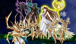 Athena, Poseidon, Hades and gold saints with god cloth
